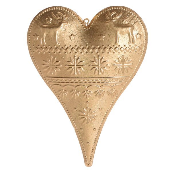 Χριστουγεννιάτικη Μεταλλική Καρδιά Χρυσή με Ταράνδους (15cm)